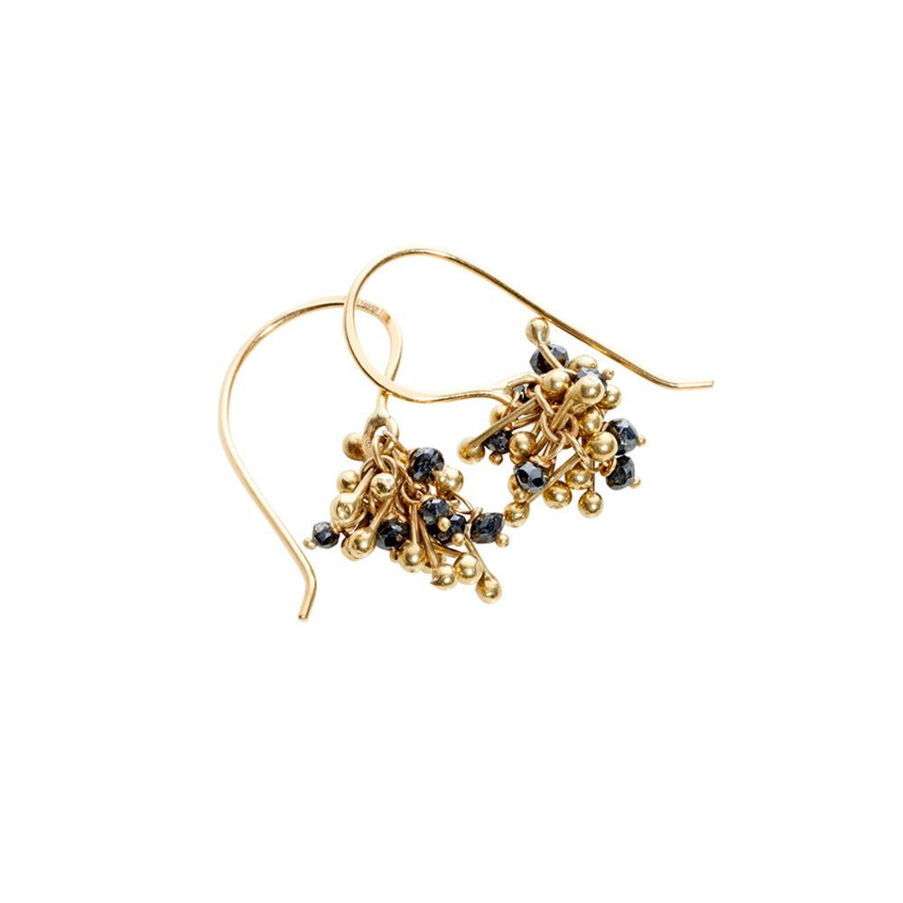 A cluster of 18ct gold and black diamonds. Cluster earring handmade by Yen Jewellery